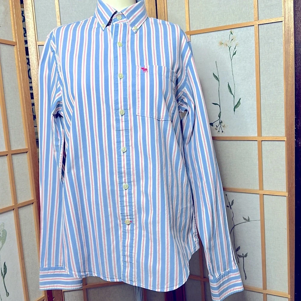 Abercrombie & Fitch Men’s Blue and Pink striped Muscle Dress Shirt Medium - Picture 2 of 11